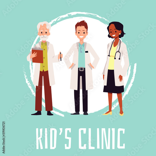 Kids children clinic banner or social media poster, flat vector illustration.