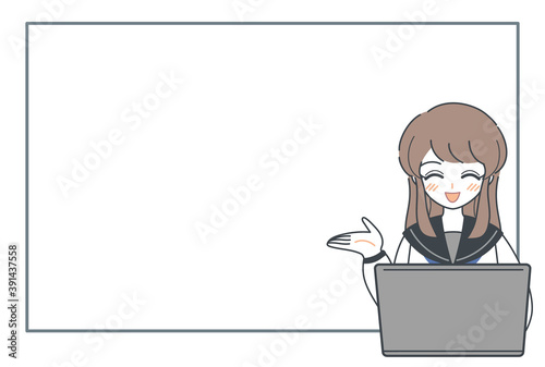 パソコンを使ってプレゼンする女子高生・笑顔・ベクター