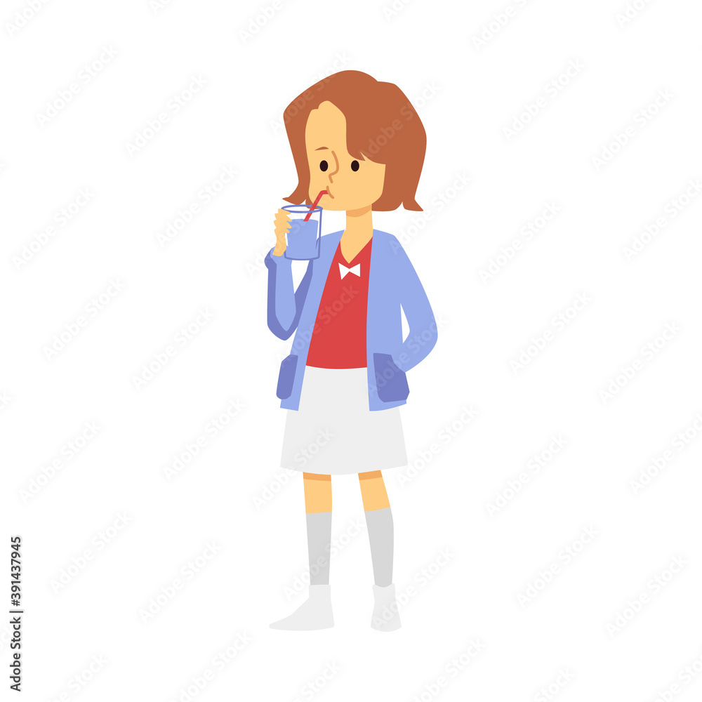 Teen girl character drinking water from glass flat vector illustration isolated. Teen girl character drinking water from glass flat vector illustration isolated.