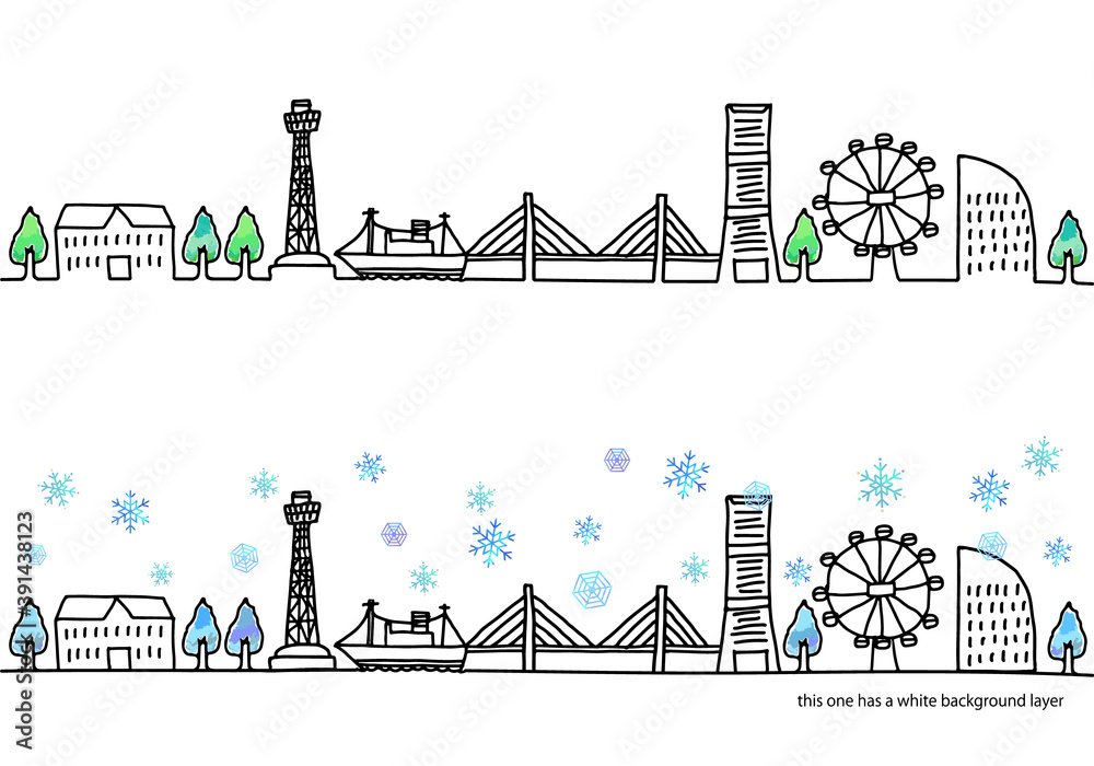 Obraz premium 冬の横浜の街並みと雪のイラストセット