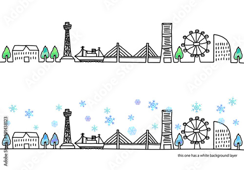 冬の横浜の街並みと雪のイラストセット