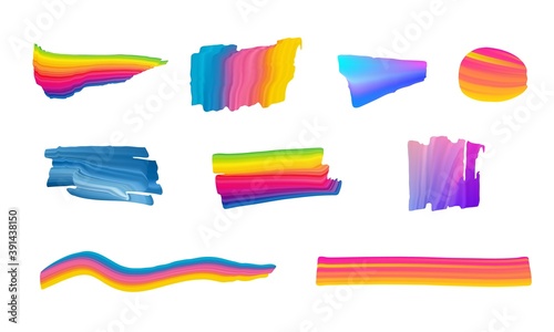 Colorful grunge brush stroke vector illustration. Rainbow gradient paint design elements set