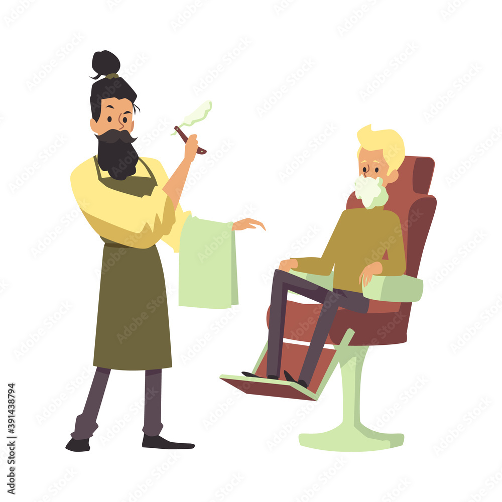 Barber shaving his client with blade razor, flat vector illustration isolated.