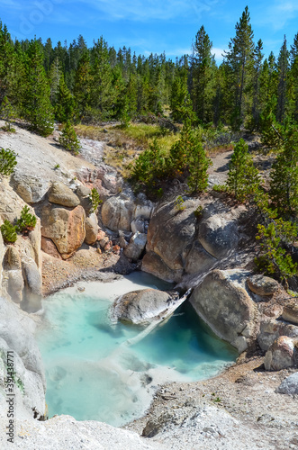 Beautiful scenery of the Norris Geyser Basin in Yellowstone, Wyoming photo