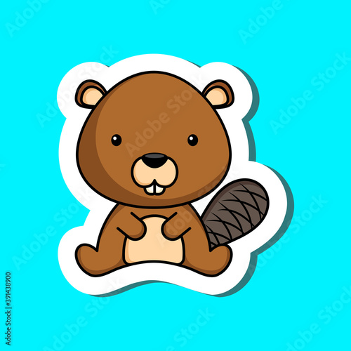 Cute cartoon sticker little beaver logo template. Mascot animal character design of album  scrapbook  greeting card  invitation  flyer  sticker  card. Vector stock illustration.