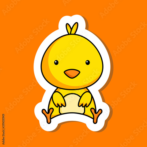 Cute cartoon sticker little chick logo template. Mascot animal character design of album, scrapbook, greeting card, invitation, flyer, sticker, card. Vector stock illustration.