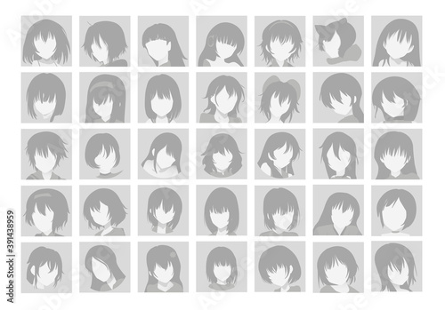 Vector Big Set of Anime Faces with Hair. Flat Gray Icons of Girls for Web and Mobile. Default Placeholder Avatar Profile on Gray Background. Gray photo. Beautiful Cartoon Portraits of Girls. EPS 10+