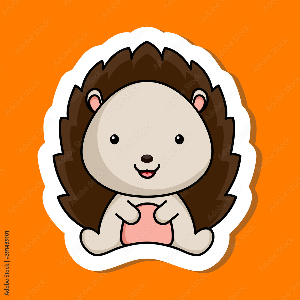 Obraz Cute cartoon sticker little hedgehog logo template. Mascot animal character design of album, scrapbook, greeting card, invitation, flyer, sticker, card. Vector stock illustration.