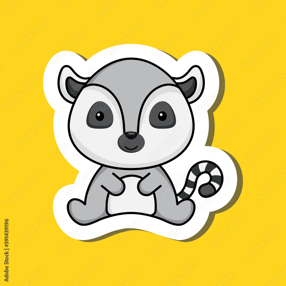 Naklejka premium Cute cartoon sticker little lemur logo template. Mascot animal character design of album, scrapbook, greeting card, invitation, flyer, sticker, card. Vector stock illustration.