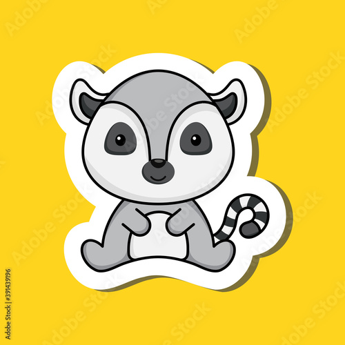 Cute cartoon sticker little lemur logo template. Mascot animal character design of album, scrapbook, greeting card, invitation, flyer, sticker, card. Vector stock illustration.