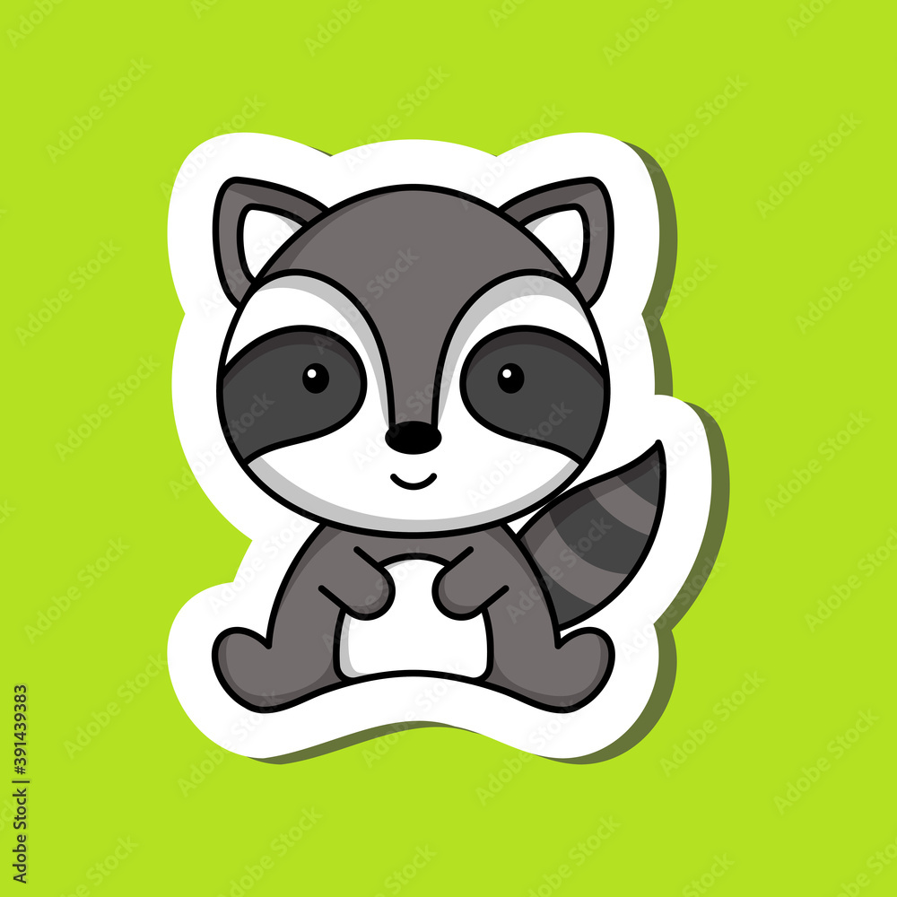 Naklejka premium Cute cartoon sticker little raccoon logo template. Mascot animal character design of album, scrapbook, greeting card, invitation, flyer, sticker, card. Vector stock illustration.