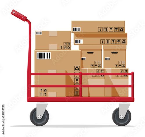 Barrow full of boxes isolated on white. Metallic wheeled trolley with cardboard box. Delivery service and logistics. Hand truck dolly icon. Transportation warehouse. Cartoon flat vector illustration