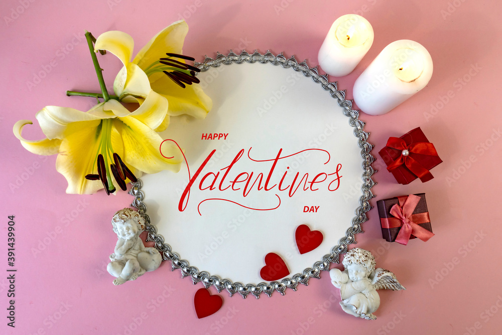 Happy Valentine's day! Card, online banner, greeting card, Flat lay on Valentine's Day,  on a pink background