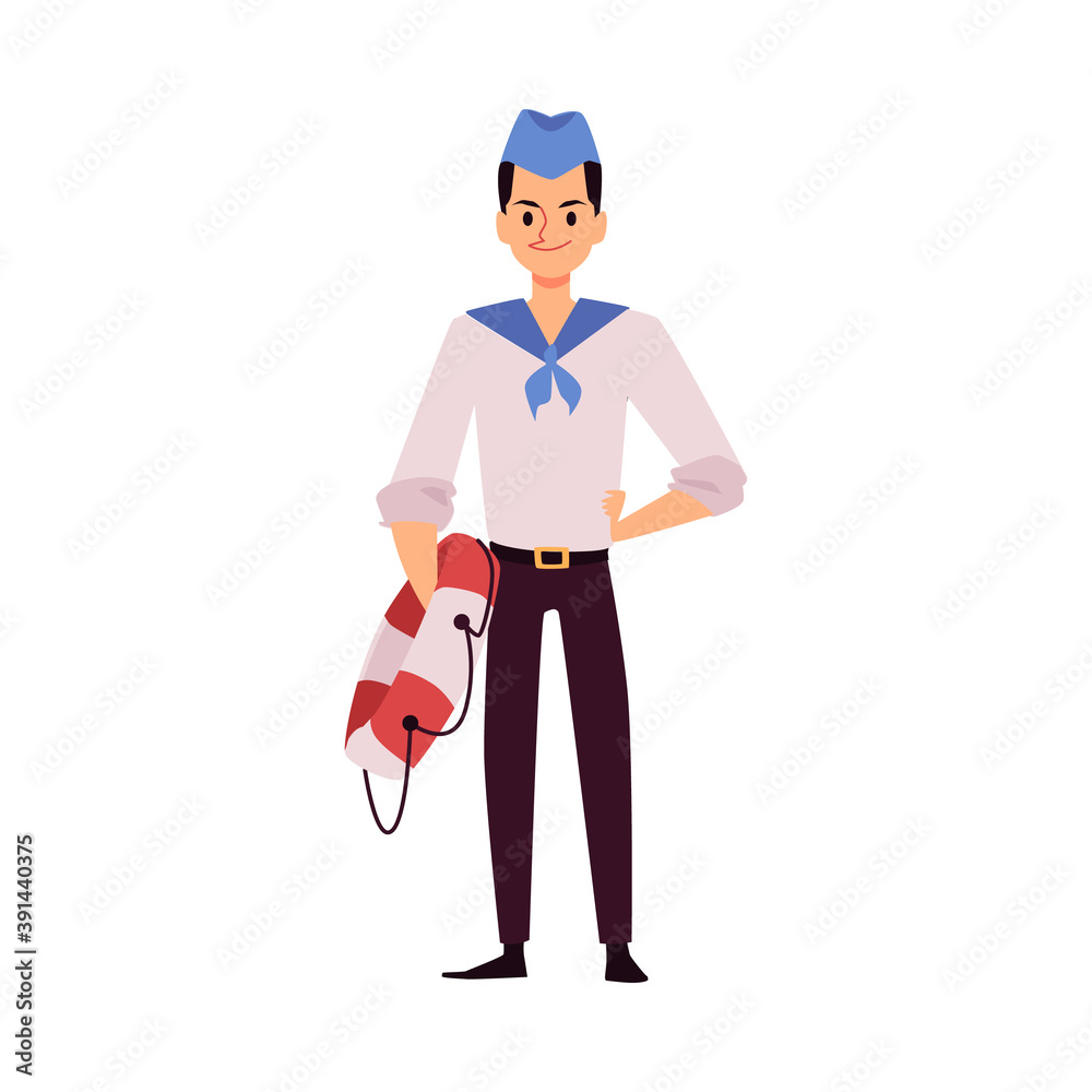 Young sailor or seaman character with lifebuoy flat vector illustration isolated. Young sailor or seaman character with lifebuoy flat vector illustration isolated.