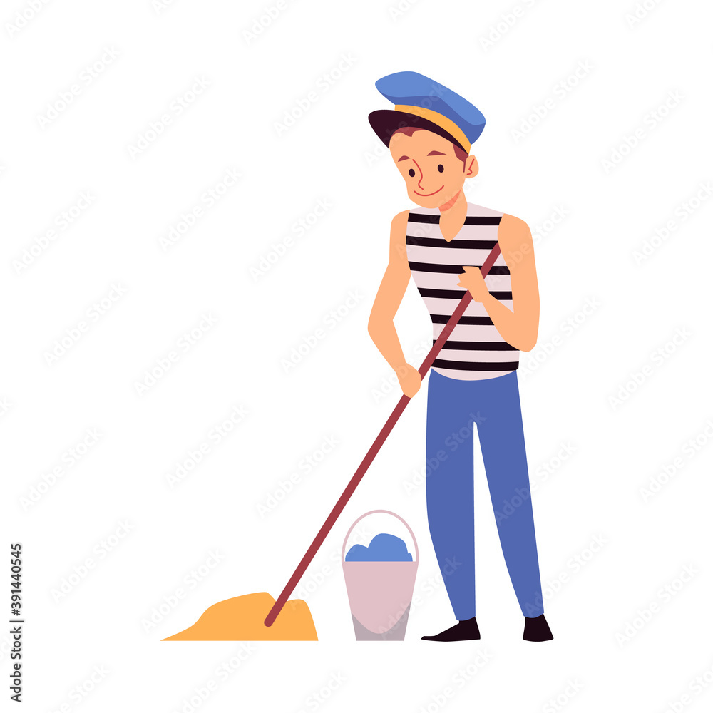 Sailor washing deck with mop and water from bucket a vector isolated illustration Sailor washing deck with mop and water from bucket a vector isolated illustration