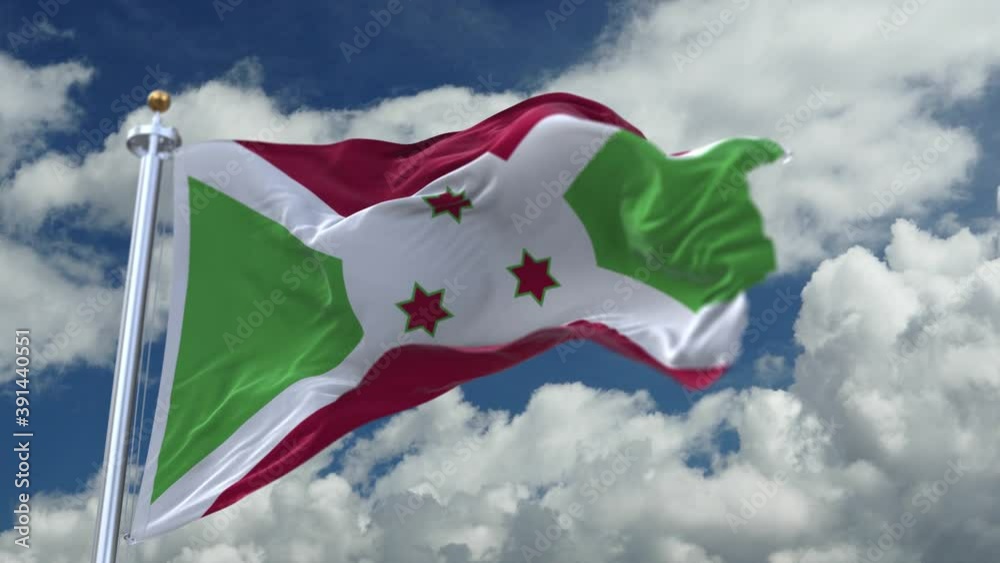 4k looping flag of Burundi with flagpole waving in wind;timelapse rolling clouds background.A fully digital rendering. 4k looping flag of Burundi with flagpole waving in wind;timelapse rolling clouds background.A fully digital rendering.