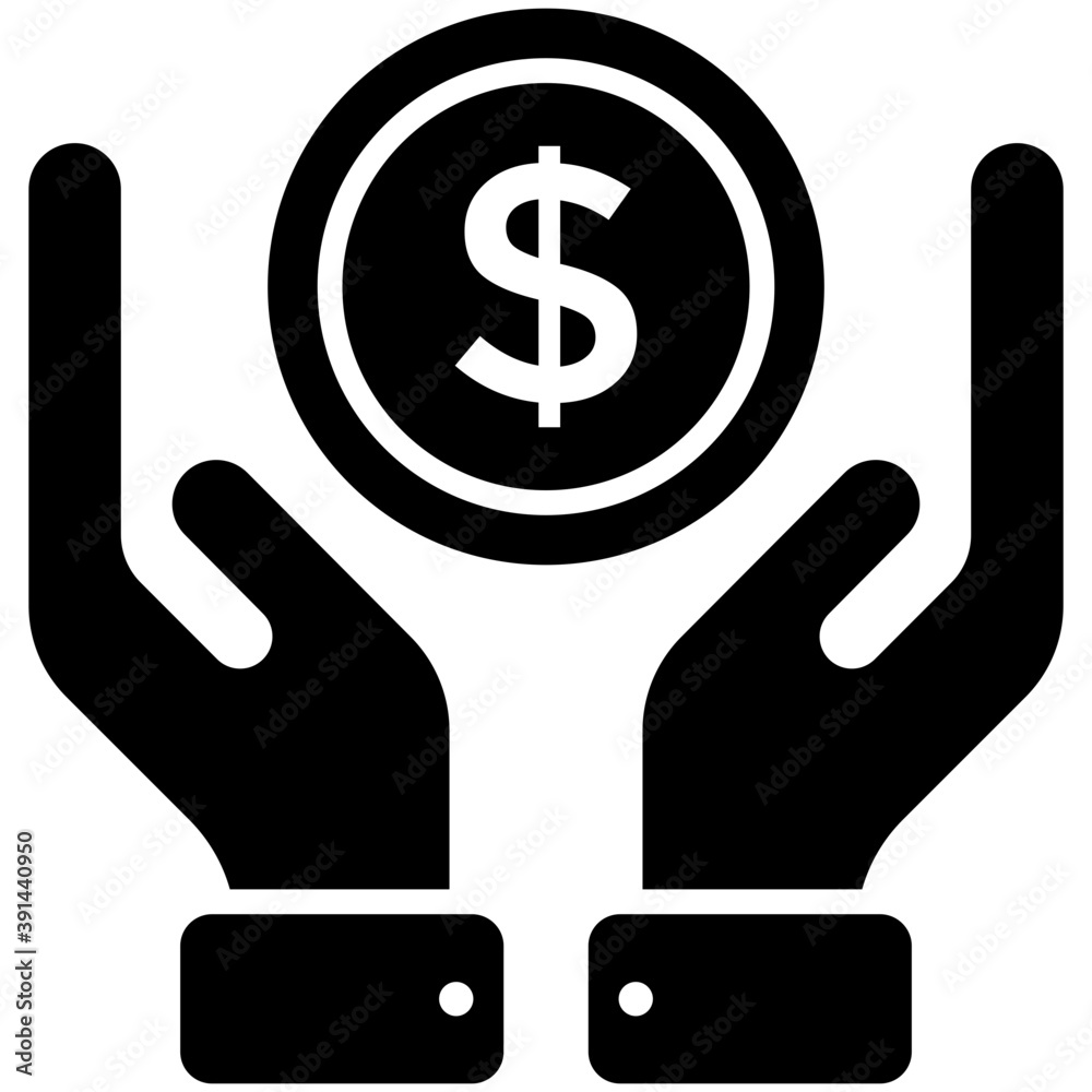 Two hands holding dollar symbolising save money concept, solid icon design
Two hands holding dollar symbolising save money concept, solid icon design