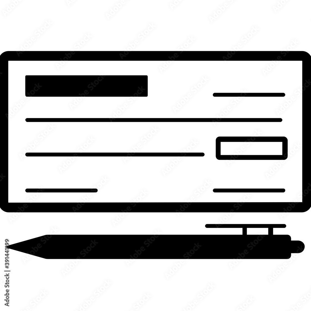 A bank check and a pen solid icon design
A bank check and a pen solid icon design