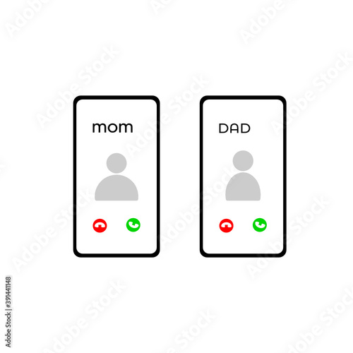 smart phone with coming call signal from mum and dad isolated on white background
