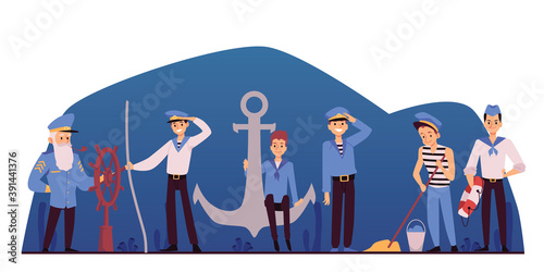 Tela Horizontal banner with sailors and captain flat vector illustration isolated