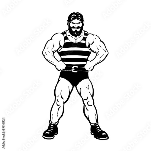 vintage strong bearded man in a striped tank top, vector,  logo, cartoon, mascot, character