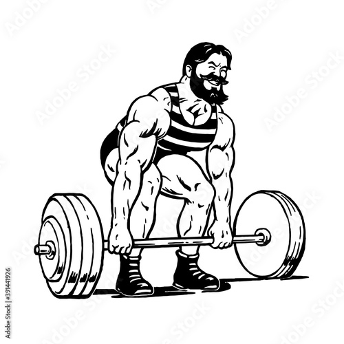 vintage strong bearded man in  striped tee shirt lifting heavy  barbell, vector, logo, cartoon, mascot, character