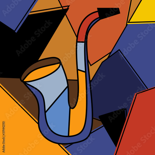 Jazz music instrument saxophone colorful abstract geometric background pattern. Saxophone for classical instrument minimalism cubism art style. Vector music contemporary illustration