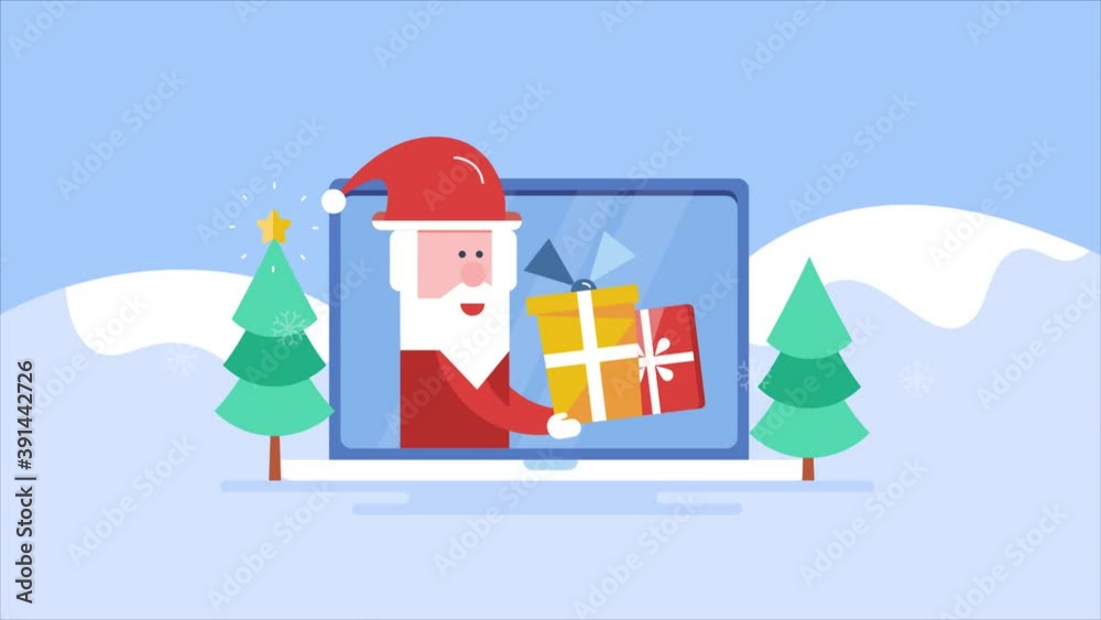 Santa Claus with Christmas gift on internet. New year holiday online shopping concept. 2d animation, video clip. 