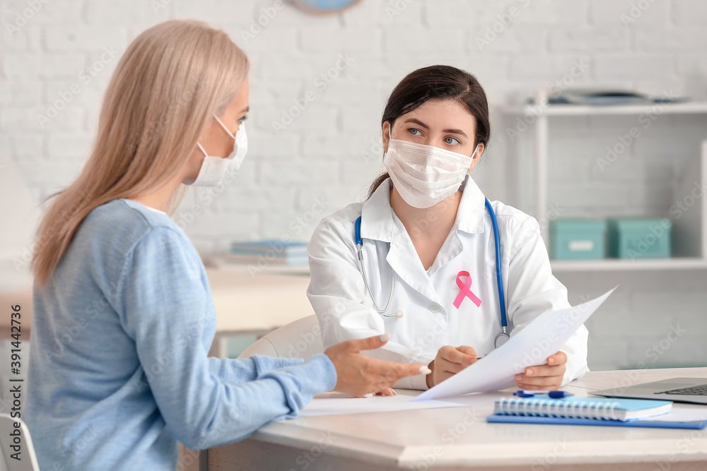 Young woman visiting doctor in clinic. Breast cancer awareness Young woman visiting doctor in clinic. Breast cancer awareness