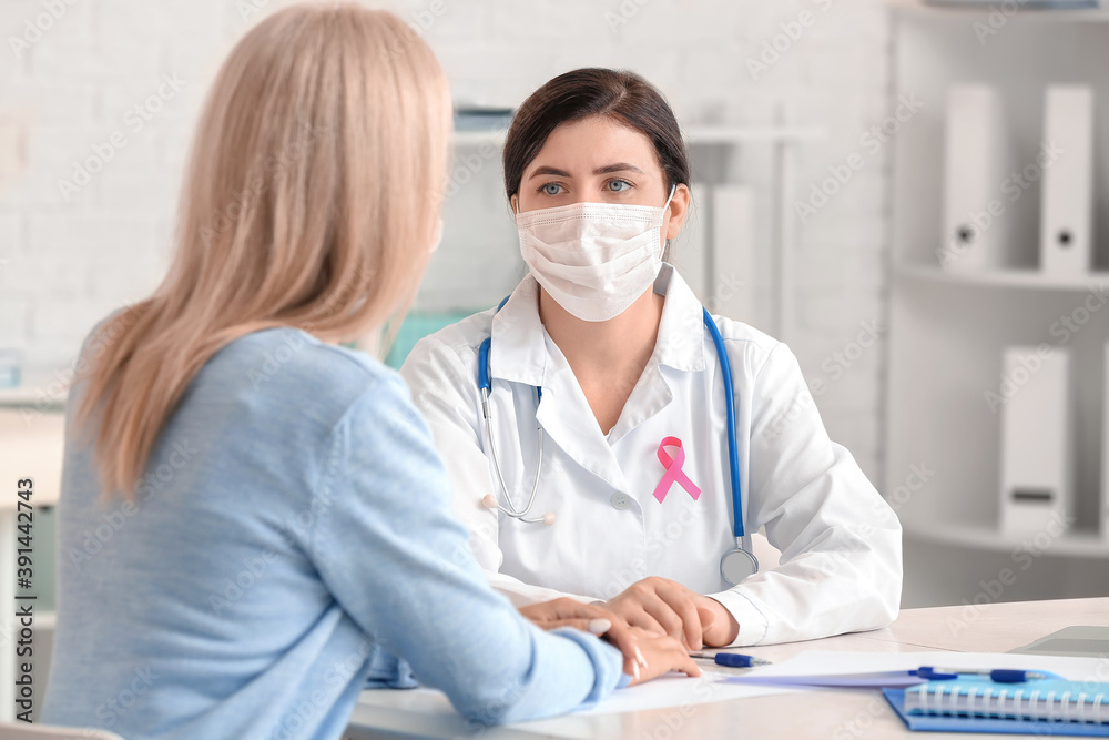 Young woman visiting doctor in clinic. Breast cancer awareness Young woman visiting doctor in clinic. Breast cancer awareness