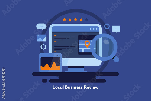 Local business store review, local seo for ecommerce website. Flat design modern marketing illustration.