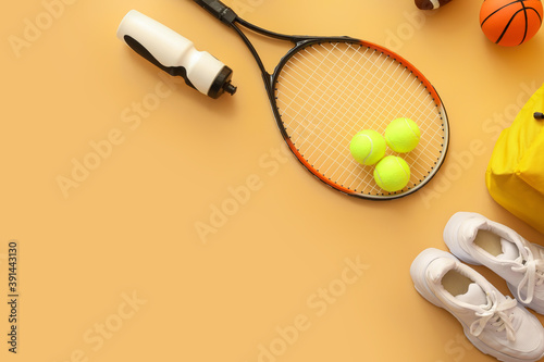 Set of sport equipment on color background © Pixel-Shot