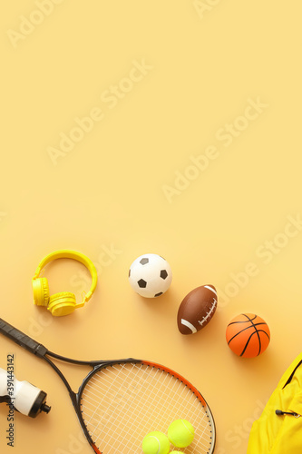 Fototapeta Naklejka Na Ścianę i Meble -  Set of sport equipment on color background