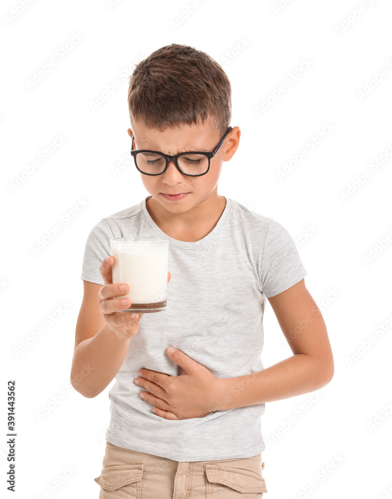 Little boy with dairy allergy on white background Little boy with dairy allergy on white background