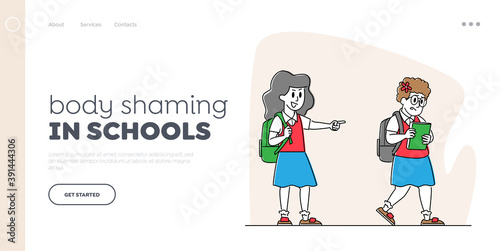 Body Shaming Landing Page Template. Schoolgirl Laughing and Pointing at Obese Girl. Bullying of Fat Child at School