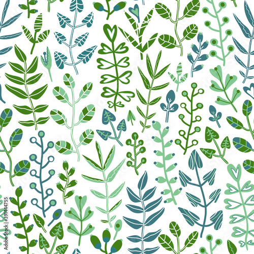 Seamless pattern with hand-drawn plants. Vector flat illustration for surface design