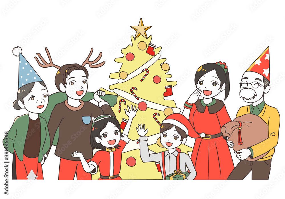 Naklejka premium クリスマスを楽しむ6人家族 黄色のモミの木