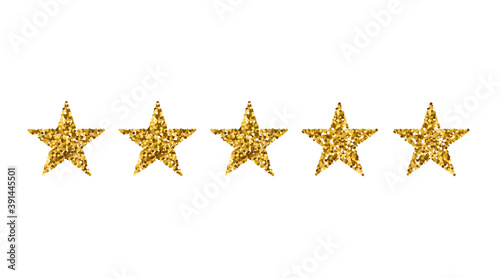 Vector isolated flat illustration with symbol of good review and luxury. Online ranking by consumer opinion. Five gold glittering stars. Positive feedback for best service. Top premium quality mark