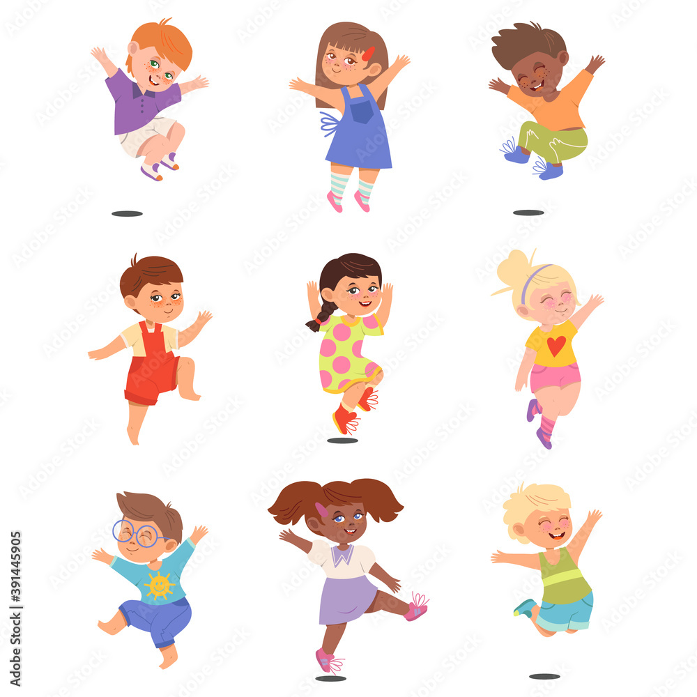 Boy and Girl Characters Jumping with Joy and Excitement Vector Illustrations Set Boy and Girl Characters Jumping with Joy and Excitement Vector Illustrations Set