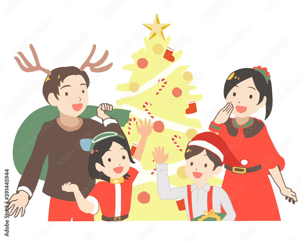 クリスマスを楽しむ家族　黄色のモミの木(線無し)