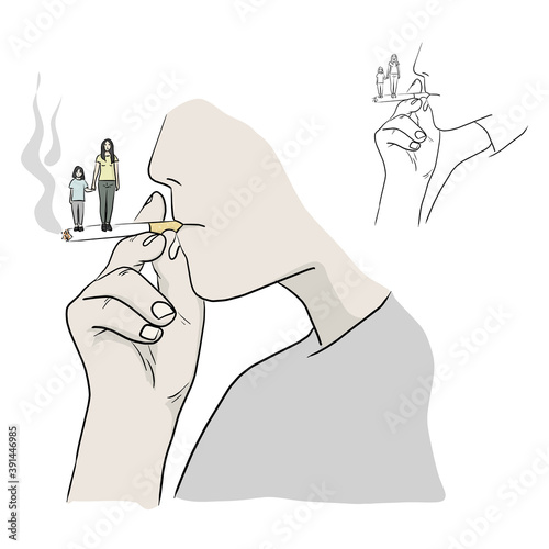 man smoking with his family on his cigarette vector illustration sketch doodle hand drawn with black lines isolated on white background. Stop smoking concept.
