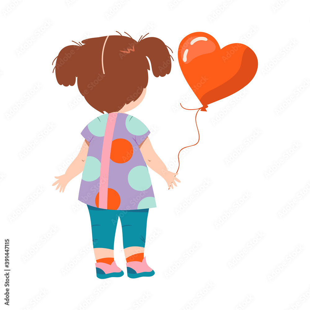 Little Girl Standing Back-first and Holding Heart Balloon Vector Illustration Little Girl Standing Back-first and Holding Heart Balloon Vector Illustration