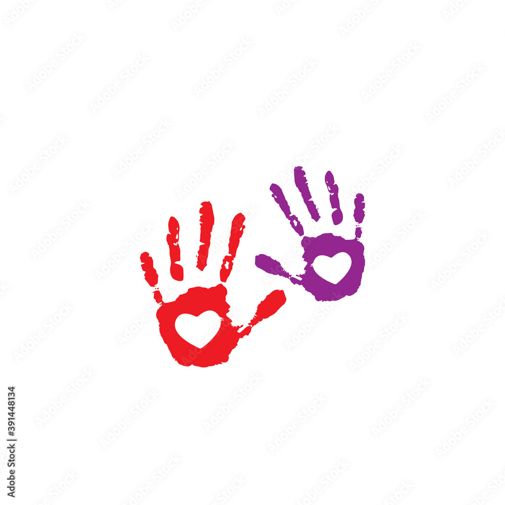Human palm imprint. paint trace with heart in center isolated on white background. Human palm imprint. paint trace with heart in center isolated on white background.