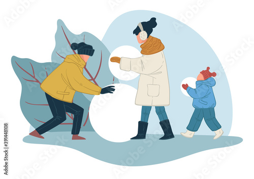 Parents and kid building snowman outdoors vector