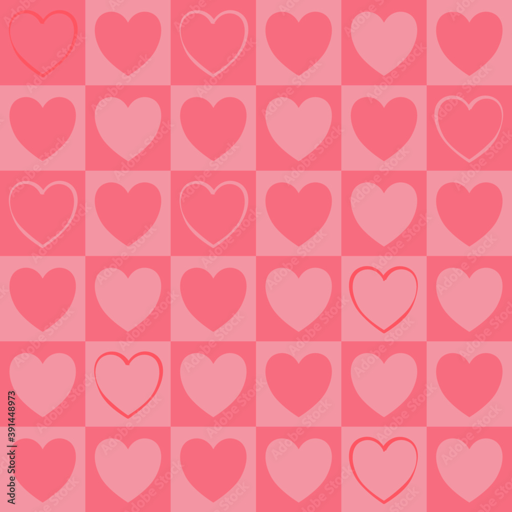 Seamless checkered vector pattern with heart shapes in square frame each. Abstract geometric background.
