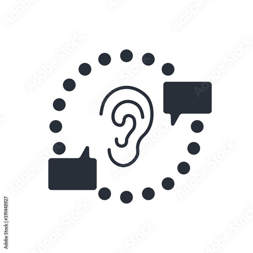 Human ear and information flow. Vector icon isolated on white background.