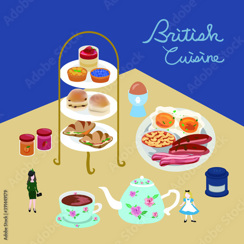 British cuisine breakfast and afternoon tea food icon. Egg, bacon, sausage and beans, scones with jam, scone, pie and cakes.