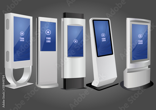 Five Promotional Interactive Information Kiosk, Advertising Display, Terminal Stand, Touch Screen Display. Mock Up Template.