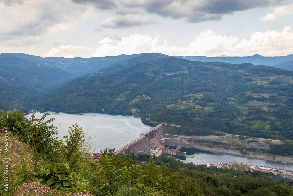 View of a dam of hydroelectric power station in Bajina Basta, Serbia.