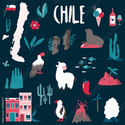Big set of landmarks, symbols of Chile, South America.